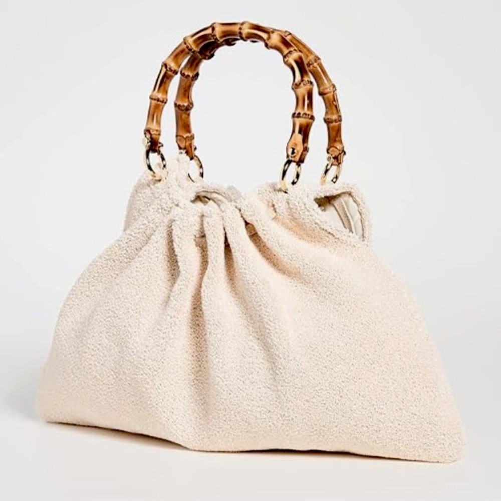 Cream Tote with Bamboo Handle and Ruched Design